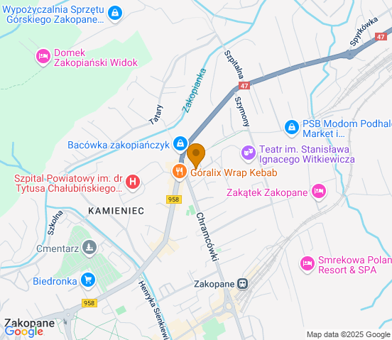 Mapa dojazdu do hurtowni motoryzacyjnej w miejscowości Zakopane