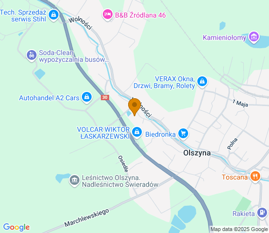 Mapa dojazdu do warsztatu samochodowego w miejscowości Olszyna