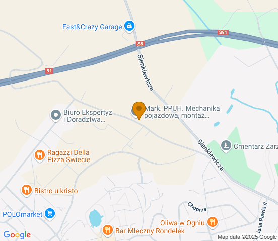 Mapa dojazdu do warsztatu samochodowego w miejscowości Świecie