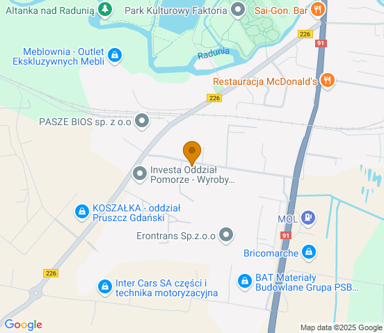 Mapa dojazdu do warsztatu samochodowego w miejscowości Pruszcz Gdański