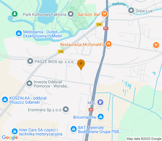 Mapa dojazdu do warsztatu samochodowego w miejscowości Pruszcz Gdański