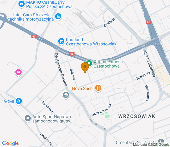 Mapa dojazdu do warsztatu samochodowego w miejscowości Częstochowa